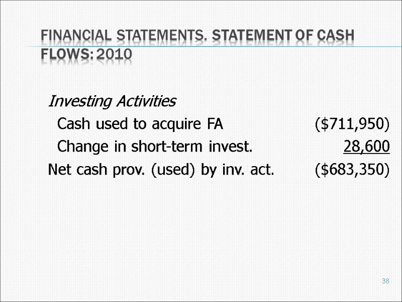 38 Financial statements. Statement of Cash Flows: 2010